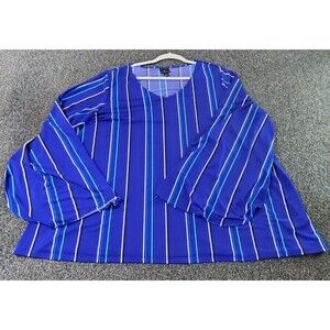 Worthington Women's Tunic 2x Blue Striped Long Slit Sleeve V-Neck Top Event Boho